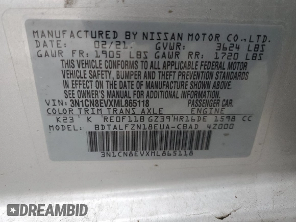 2021 Nissan Versa SV with VIN 3N1CN8EVXML865118, listed as a Copart auction lot 47599475 with Not Provided miles and Clean Title. Bid and sale history available at carsss.com. Image 12.