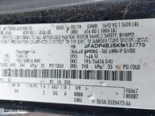 2019 Ford Fiesta SE with VIN 3FADP4BJ8KM137770, listed as a IAAI auction lot 41570607 with 89,160 mi miles. Bid and sale history available at carsss.com. Image 9.