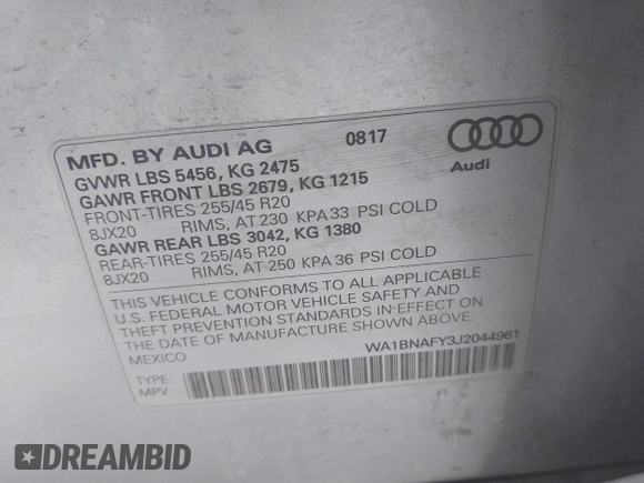 2018 Audi Q5 Premium Plus with VIN WA1BNAFY3J2044961, listed as a IAAI auction lot 41720171 with 98,481 mi miles. Bid and sale history available at carsss.com. Image 9.