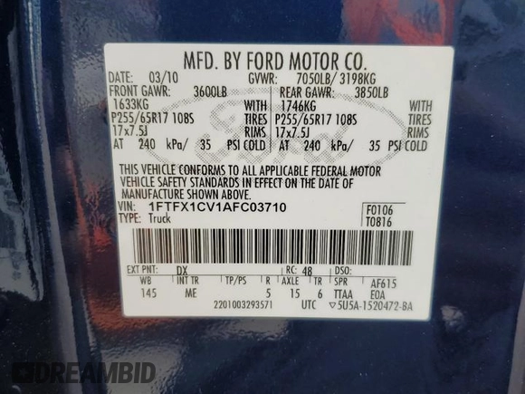 2010 Ford F-150 XL with VIN 1FTFX1CV1AFC03710, listed as a Copart auction lot 59748245 with 60,679 mi miles and Clean title. Bid and sale history available at DreamBid. Image 12.