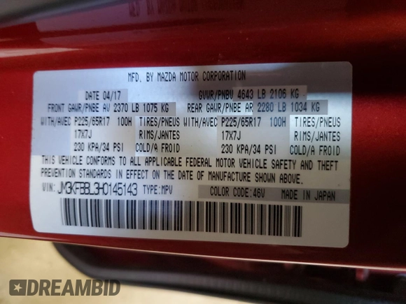 2017 Mazda CX-5 Sport with VIN JM3KFBBL3H0145143, listed as a Copart auction lot 53228735 with 71,125 mi miles and Clean Title. Bid and sale history available at DreamBid. Image 13.