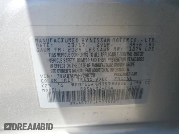 2017 Nissan Sentra SR with VIN 3N1AB7AP5HY298729, listed as a Copart auction lot 52925115 with 96,658 mi miles and Salvage Title. Bid and sale history available at DreamBid. Image 13.