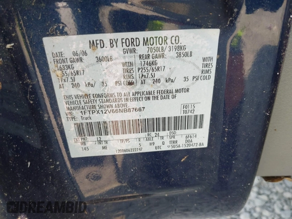 2006 Ford F-150 XL z VIN 1FTPX12V66NB87667, wystawiony jako IAAI lot #42591347 z przebiegiem Nie podano mil oraz . Historia ofert i sprzedaży dostępna na DreamBid. Obrazek 9.
