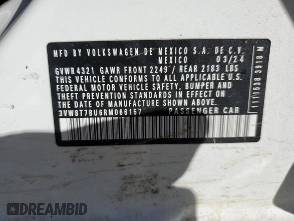 2024 Volkswagen Jetta 40th Anniversary Edition с VIN 3VW8T7BU6RM066157, выставлен на аукционе Copart как лот 79116524 с пробегом 2 101 миль миль и Списание • Salvage title. История ставок и продаж доступна на DreamBid. Изображение 12.