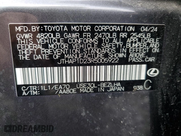 2024 Lexus IS with VIN JTHAP1D23R5005922, listed as a Copart auction lot 51937565 with 5,774 mi miles and Salvage Title. Bid and sale history available at carsss.com. Image 12.