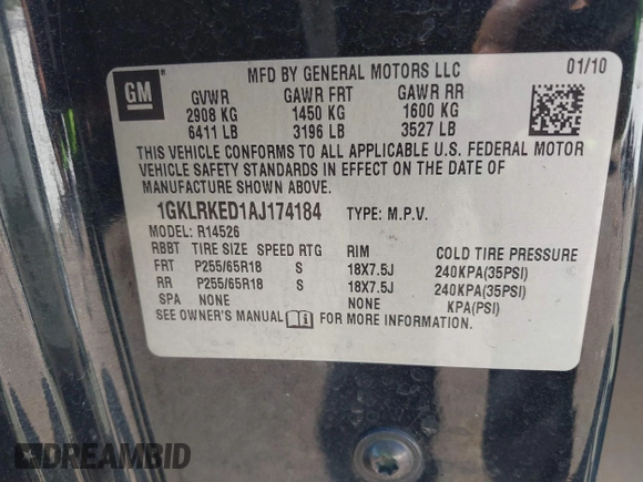2010 GMC Acadia SL with VIN 1GKLRKED1AJ174184, listed as a IAAI auction lot 41769685 with 144,486 mi miles. Bid and sale history available at carsss.com. Image 9.