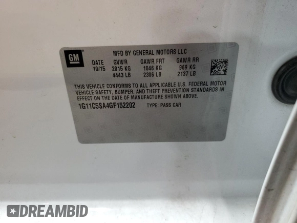 2016 Chevrolet Malibu LT with VIN 1G11C5SA4GF152202, listed as a Copart auction lot 80629024 with 129,562 mi miles and Salvage Title. Bid and sale history available at DreamBid. Image 12.