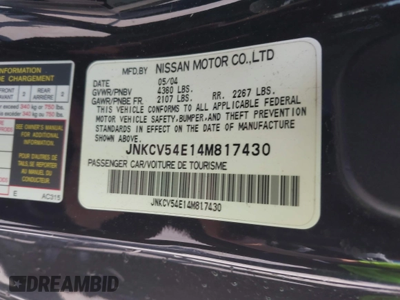 2004 Infiniti G35 w/Leather with VIN JNKCV54E14M817430, listed as a IAAI auction lot 42202662 with 178,626 mi miles and . Bid and sale history available at DreamBid. Image 9.