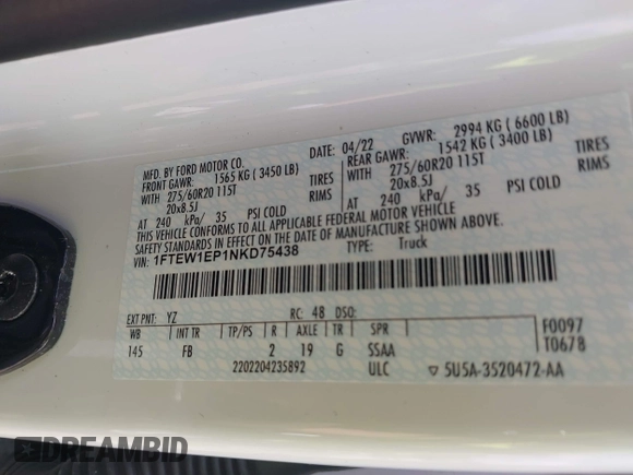 2022 Ford F-150 XL z VIN 1FTEW1EP1NKD75438, wystawiony jako IAAI lot #42476721 z przebiegiem 47 812 mil mil oraz . Historia ofert i sprzedaży dostępna na DreamBid. Obrazek 9.