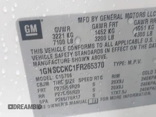 2015 Chevrolet Tahoe LTZ with VIN 1GNSCCKC1FR265370, listed as a IAAI auction lot 42131294 with 217,064 mi miles and . Bid and sale history available at DreamBid. Image 9.