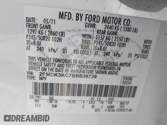 2011 Ford Edge Limited with VIN 2FMDK3KC7BBB36739, listed as a IAAI auction lot 41869700 with 122,083 mi miles. Bid and sale history available at carsss.com. Image 9.