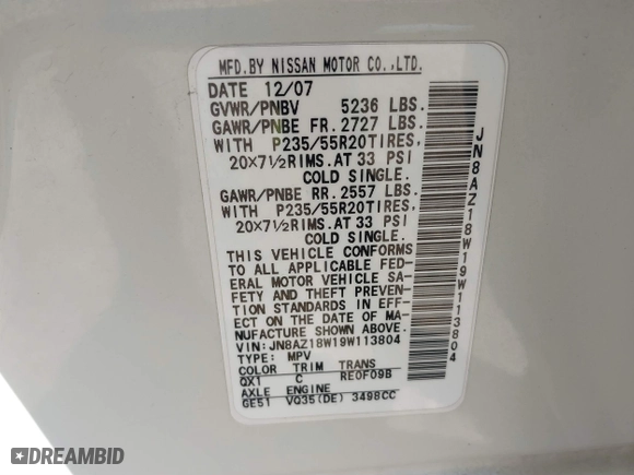 2009 Nissan Murano SL with VIN JN8AZ18W19W113804, listed as a IAAI auction lot 41802043 with 107,803 mi miles. Bid and sale history available at carsss.com. Image 9.