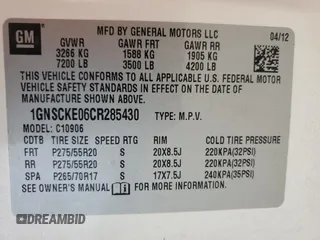 2012 Chevrolet Suburban LTZ with VIN 1GNSCKE06CR285430, listed as a Copart auction lot 54197795 with 307,217 mi miles and Clean Title. Bid and sale history available at carsss.com. Image 13.