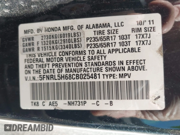 2012 Honda Odyssey EX-L with VIN 5FNRL5H68CB025481, listed as a IAAI auction lot 41979121 with Not Provided miles and . Bid and sale history available at DreamBid. Image 9.