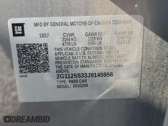 2018 Chevrolet Impala Premier z VIN 2G1125S33J9145956, wystawiony jako Copart lot #63218755 z przebiegiem Nie podano mil oraz Szkoda całkowita • Salvage title. Historia ofert i sprzedaży dostępna na DreamBid. Obrazek 12.