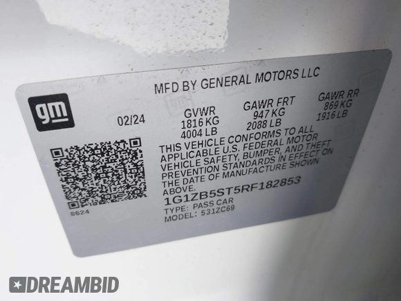 2024 Chevrolet Malibu LS with VIN 1G1ZB5ST5RF182853, listed as a IAAI auction lot 41653583 with 4,722 mi miles and . Bid and sale history available at DreamBid. Image 9.
