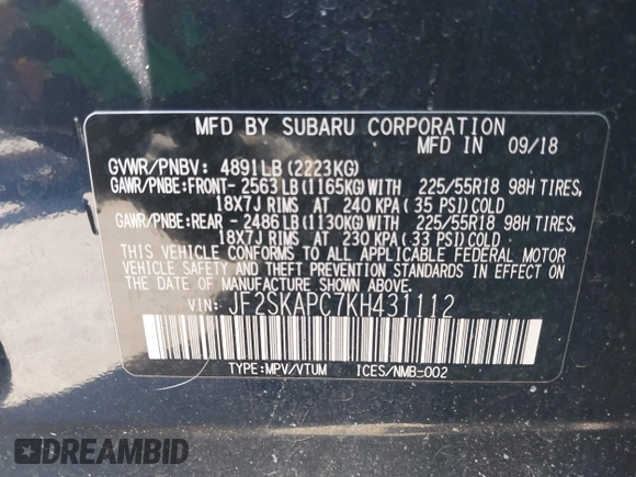 2019 Subaru Forester Special Sports with VIN JF2SKAPC7KH431112, listed as a IAAI auction lot 41771737 with 63,095 mi miles and . Bid and sale history available at DreamBid. Image 9.