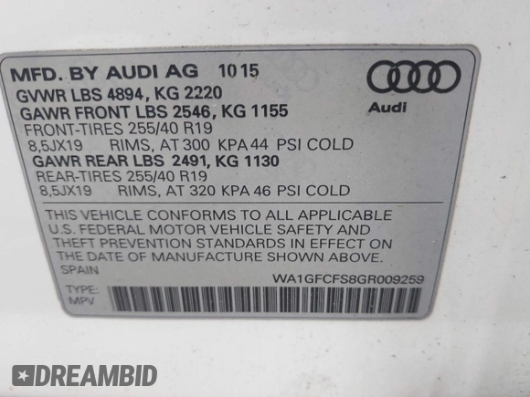 2016 Audi Q3 Prestige with VIN WA1GFCFS8GR009259, listed as a IAAI auction lot 42321175 with 34,053 mi miles and . Bid and sale history available at DreamBid. Image 9.