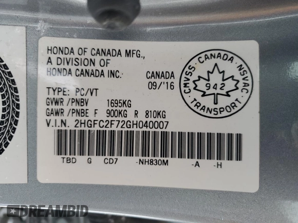2016 Honda Civic Sedan EX with VIN 2HGFC2F72GH040007, listed as a Copart auction lot 87697895 with 226,883 mi miles and Non Repairable. Bid and sale history available at carsss.com. Image 12.
