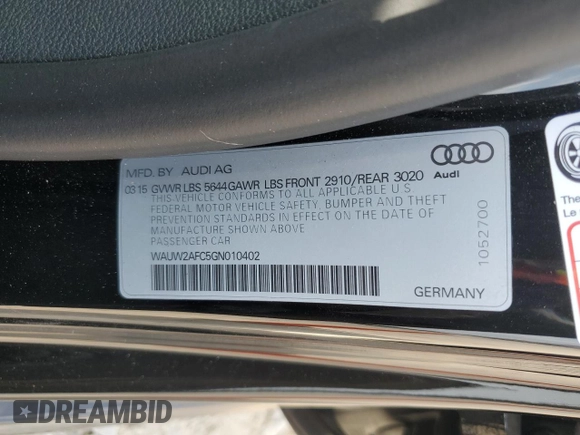 2016 Audi S7 with VIN WAUW2AFC5GN010402, listed as a Copart auction lot 55506875 with 51,585 mi miles and Clean Title. Bid and sale history available at DreamBid. Image 12.