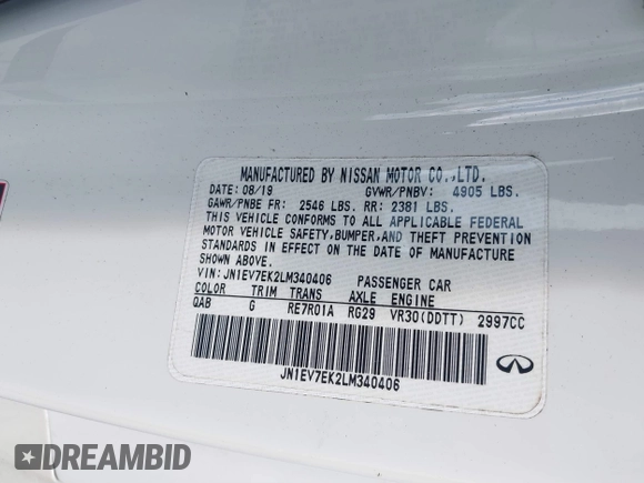 2020 Infiniti Q60 Luxe with VIN JN1EV7EK2LM340406, listed as a IAAI auction lot 41641294 with 35,239 mi miles and . Bid and sale history available at carsss.com. Image 9.