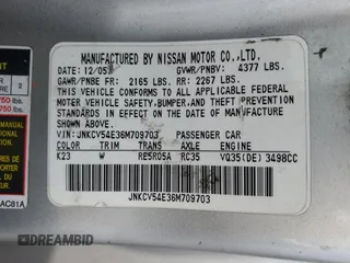 2006 Infiniti G35 with VIN JNKCV54E36M709703, listed as a Copart auction lot 53995365 with 232,817 mi miles and Non Repairable. Bid and sale history available at carsss.com. Image 12.