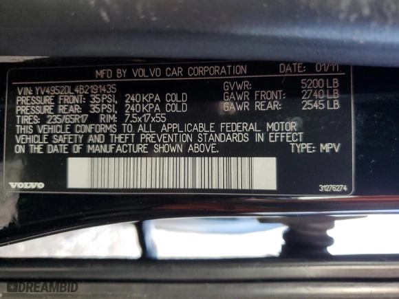 2011 Volvo XC60 3.2L with VIN YV4952DL4B2191435, listed as a Copart auction lot 70192494 with 294,224 mi miles and Salvage Title. Bid and sale history available at carsss.com. Image 15.