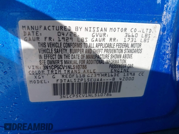 2022 Nissan Kicks SV with VIN 3N1CP5CV1NL510786, listed as a IAAI auction lot 41600316 with 82,374 mi miles and . Bid and sale history available at carsss.com. Image 9.
