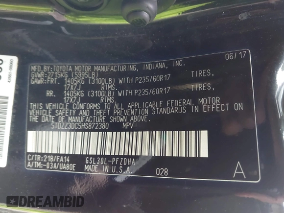 2017 Toyota Sienna L with VIN 5TDZZ3DC5HS872380, listed as a IAAI auction lot 41576831 with 78,716 mi miles and . Bid and sale history available at DreamBid. Image 9.