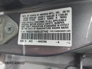 2005 Honda Civic LX with VIN 1HGES16505L027442, listed as a IAAI auction lot 41995564 with 165,828 mi miles and . Bid and sale history available at DreamBid. Image 9.