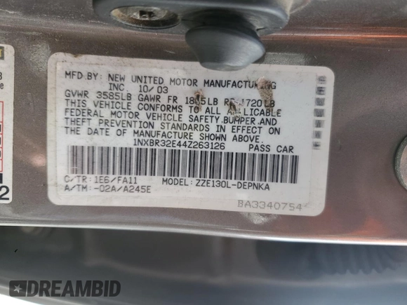 2004 Toyota Corolla CE with VIN 1NXBR32E44Z263126, listed as a Copart auction lot 50839945 with 204,086 mi miles and Salvage Title. Bid and sale history available at DreamBid. Image 12.