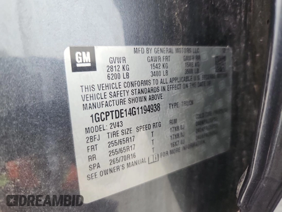 2016 Chevrolet Colorado 4WD Z71 z VIN 1GCPTDE14G1194938, wystawiony jako Copart lot #60602105 z przebiegiem 162 459 mil mil oraz Czysty tytuł • Clean title. Historia ofert i sprzedaży dostępna na DreamBid. Obrazek 12.