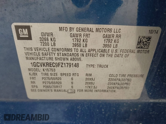 2015 Chevrolet Silverado 1500 LT with VIN 1GCVKREC9FZ179148, listed as a IAAI auction lot 41668536 with 103,853 mi miles and . Bid and sale history available at DreamBid. Image 9.