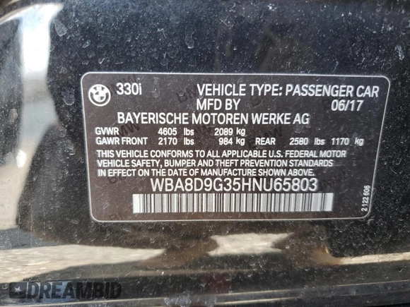 2017 BMW 3 Series 330i xDrive with VIN WBA8D9G35HNU65803, listed as a Copart auction lot 51901045 with 72,562 mi miles and Salvage title. Bid and sale history available at DreamBid. Image 12.