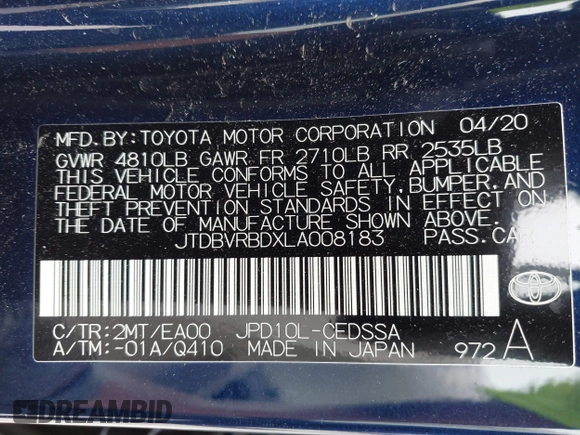 2020 Toyota Mirai with VIN JTDBVRBDXLA008183, listed as a IAAI auction lot 42492101 with 28,969 mi miles and . Bid and sale history available at DreamBid. Image 9.