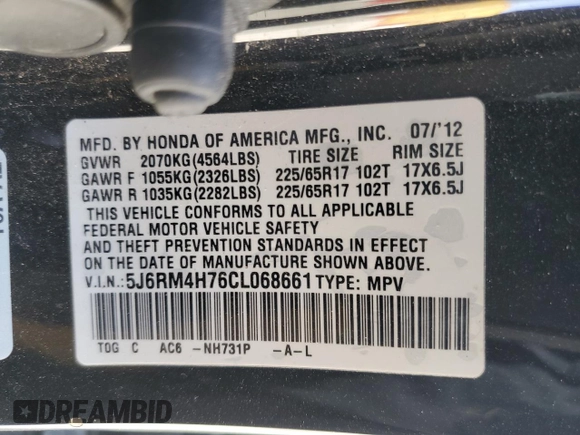 2012 Honda CR-V EX-L с VIN 5J6RM4H76CL068661, выставлен на аукционе Copart как лот 47282845 с пробегом 173 875 миль миль и Списание • Salvage title. История ставок и продаж доступна на DreamBid. Изображение 14.
