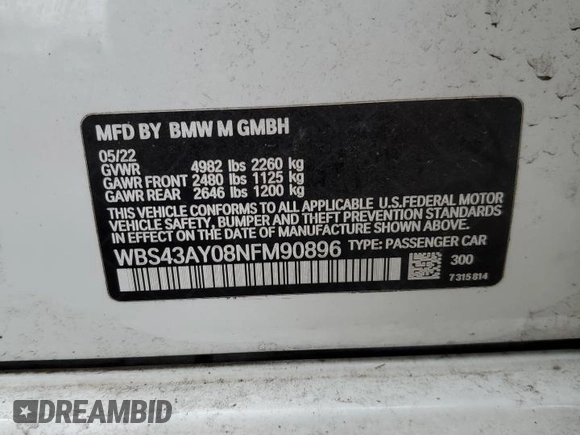2022 BMW M3 Competition xDrive z VIN WBS43AY08NFM90896, wystawiony jako Copart lot #88685375 z przebiegiem Nie podano mil oraz Szkoda całkowita • Salvage title. Historia ofert i sprzedaży dostępna na DreamBid. Obrazek 12.
