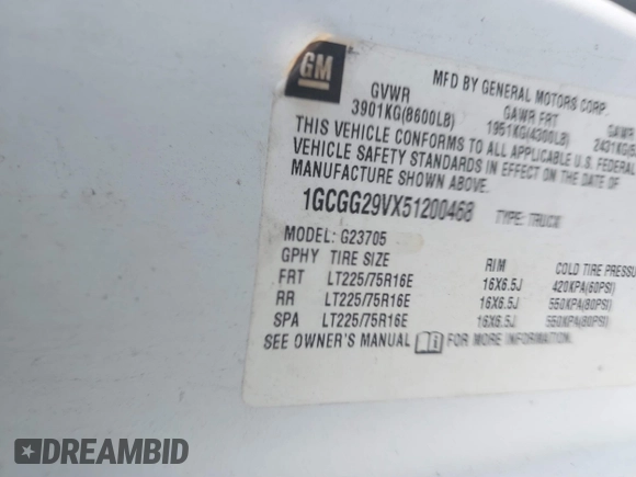 2005 Chevrolet Express Cargo Van with VIN 1GCGG29VX51200468, listed as a IAAI auction lot 40363424 with 999,999 mi miles. Bid and sale history available at carsss.com. Image 9.