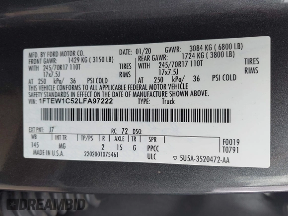 2020 Ford F-150 XL with VIN 1FTEW1C52LFA97222, listed as a IAAI auction lot 42357273 with 111,184 mi miles and . Bid and sale history available at DreamBid. Image 9.
