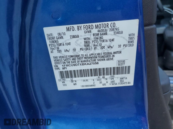 2011 Ford Escape XLT с VIN 1FMCU9D7XBKA27058, выставлен на аукционе Copart как лот 57091775 с пробегом 207 378 миль миль и Списание • Salvage title. История ставок и продаж доступна на DreamBid. Изображение 12.