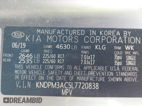2020 Kia Sportage LX with VIN KNDPM3AC5L7720838, listed as a IAAI auction lot 41458808 with 52,689 mi miles and . Bid and sale history available at DreamBid. Image 9.
