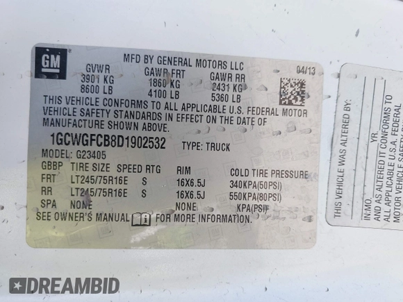 2013 Chevrolet Express Cargo with VIN 1GCWGFCB8D1902532, listed as a IAAI auction lot 42452764 with 95,113 mi miles and . Bid and sale history available at DreamBid. Image 9.