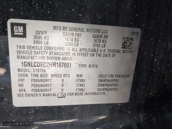 2017 Chevrolet Tahoe Commercial with VIN 1GNLCDEC2HR187691, listed as a IAAI auction lot 40101169 with 87,772 mi miles. Bid and sale history available at carsss.com. Image 9.