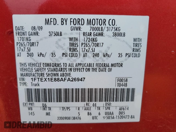 2010 Ford F-150 XL with VIN 1FTEX1E88AFA26947, listed as a Copart auction lot 53478025 with 147,980 mi miles and Clean Title. Bid and sale history available at DreamBid. Image 12.
