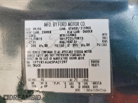 2005 Ford Ranger XL с VIN 1FTYR14U65PA21297, выставлен на аукционе Copart как лот 59552565 с пробегом 153 751 миль миль и Списание • Salvage title. История ставок и продаж доступна на DreamBid. Изображение 12.