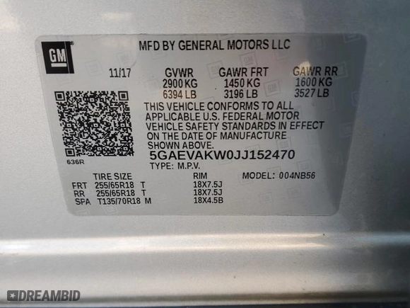 2018 Buick Enclave Essence with VIN 5GAEVAKW0JJ152470, listed as a Copart auction lot 50513915 with 126,179 mi miles and Salvage Title. Bid and sale history available at carsss.com. Image 13.