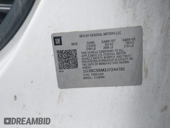 2018 Chevrolet Cruze LS with VIN 1G1BC5SM2J7244781, listed as a IAAI auction lot 41968179 with 80,276 mi miles and . Bid and sale history available at DreamBid. Image 9.
