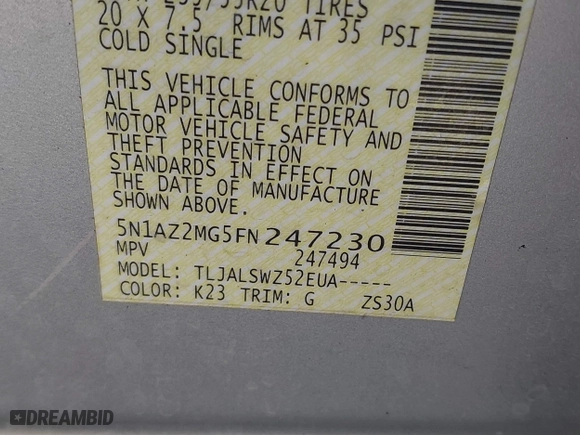2015 Nissan Murano S with VIN 5N1AZ2MG5FN247230, listed as a IAAI auction lot 41783518 with 111,699 mi miles. Bid and sale history available at carsss.com. Image 9.