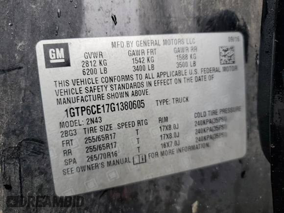 2016 GMC Canyon z VIN 1GTP6CE17G1380605, wystawiony jako Copart lot #88750975 z przebiegiem 102 571 mil mil oraz Szkoda całkowita • Salvage title. Historia ofert i sprzedaży dostępna na DreamBid. Obrazek 12.