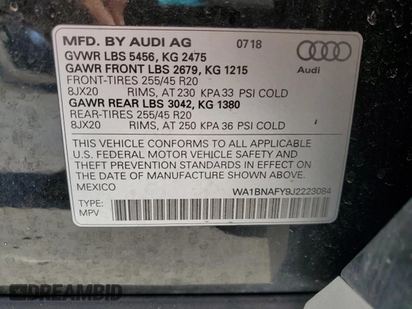 2018 Audi Q5 Premium Plus с VIN WA1BNAFY9J2223084, выставлен на аукционе Copart как лот 49734945 с пробегом 118 986 миль миль и Списание • Salvage title. История ставок и продаж доступна на DreamBid. Изображение 12.